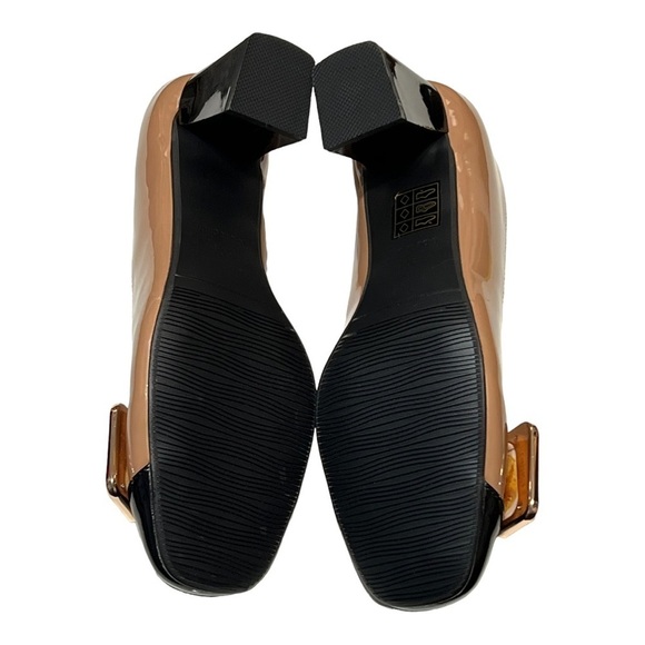 Ann Creek Angela Block Heel Pumps Tan Black Patent Buckle Mod Glam Retro Preppy - Picture 6 of 9